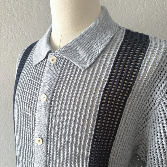 Massive Luxury Men Size M Blue Crochet Knit Button Down Shirt Polo Short Sleeve - Picture 6 of 10
